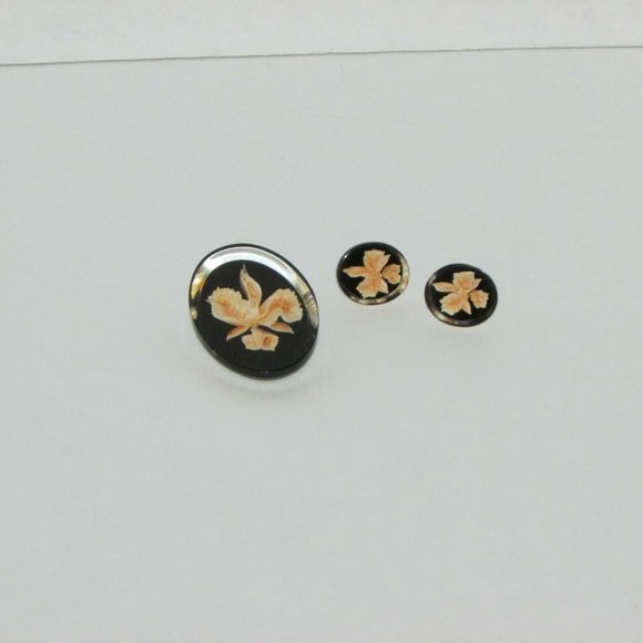 Vintage Lucite Brooch & Pierced Earrings Set Black Peach Flowers Cottagecore - Picture 2 of 6